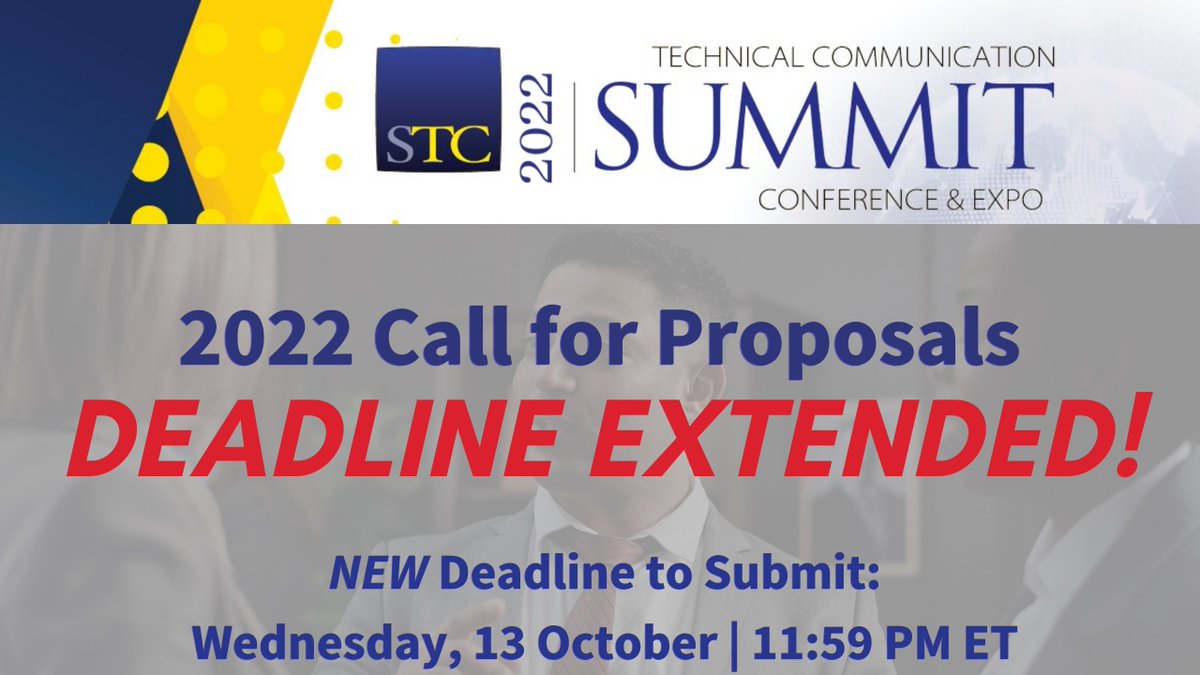 STC_Summit's tweet image. BREAKING NEWS: The 2022 #STCSummit Call for Proposals deadline has been EXTENDED to Wed, 13 October! 

Don&apos;t miss your chance to be considered to present your cutting-edge #techcom solutions this coming 15-18 May in Chicago, IL!

View guidelines &amp;amp; submit: ow.ly/pNkk50Gi1aw