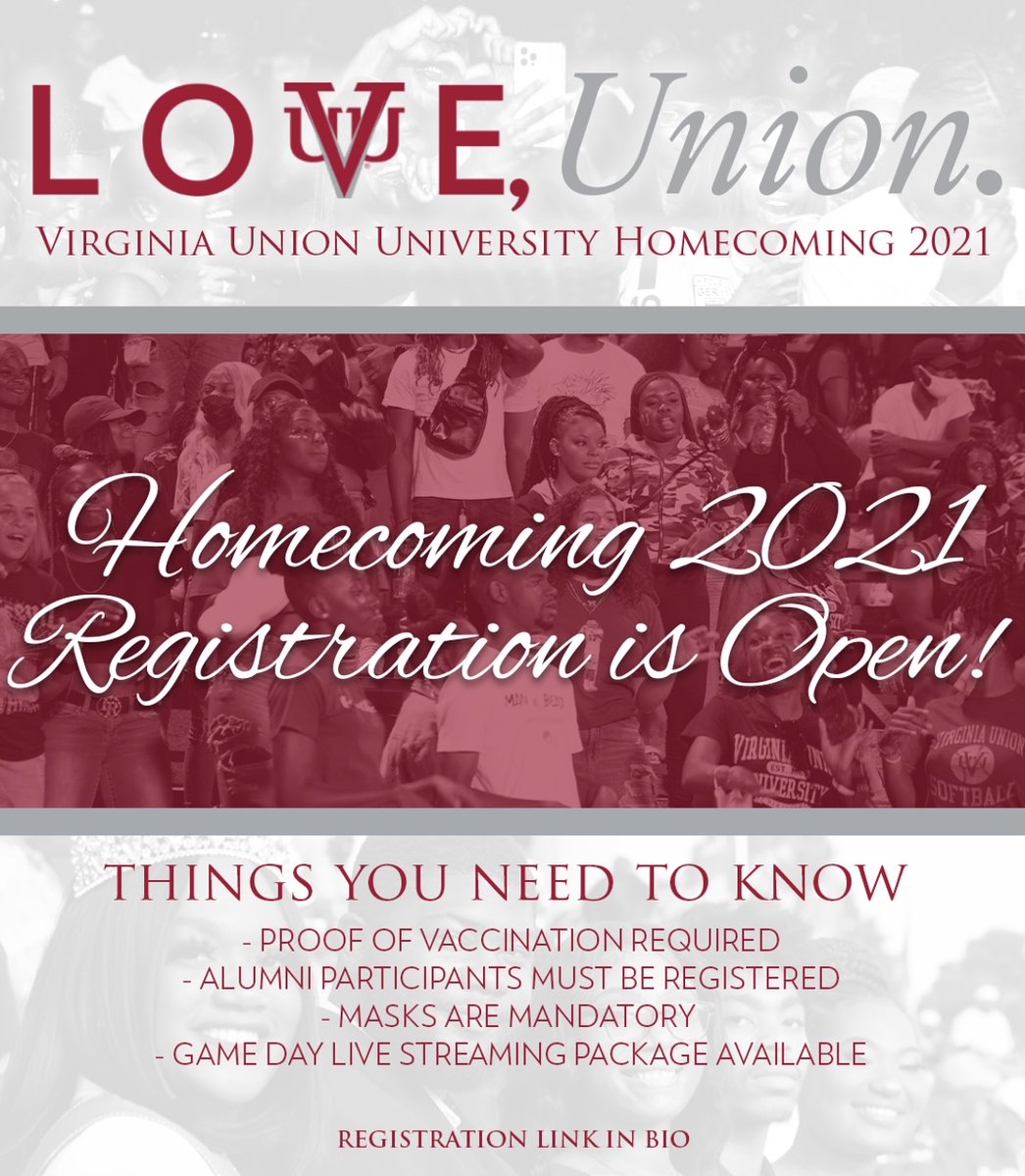 Virginia Union (@vaunion1865) on Twitter photo To keep our campus community safe, we are requiring ALL Homecoming participants to be fully vaccinated and registered! Participants will be required to check in upon arrival to campus to receive their access wristband for the on-campus weekend activities. vuu.edu/homecoming To keep our campus community safe, we are requiring ALL Homecoming participants to be fully vaccinated and registered! Participants will be required to check in upon arrival to campus to receive their access wristband for the on-campus weekend activities. vuu.edu/homecoming