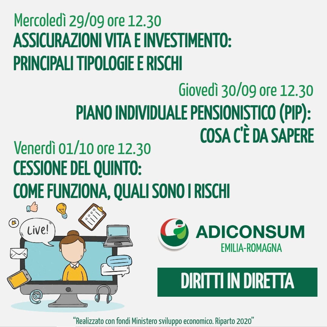 🚨Tutte le settimane news e approfondimenti sulle principali tematiche consumeristiche, con possibilità di fare domande agli esperti <a href="/AdiconsumER/">AdiconsumER</a>. 
👉Ecco i prossimi appuntamenti che potrai seguire su FB (facebook.com/adiconsumer) o su Youtube (tinyurl.com/xvztfkjx)