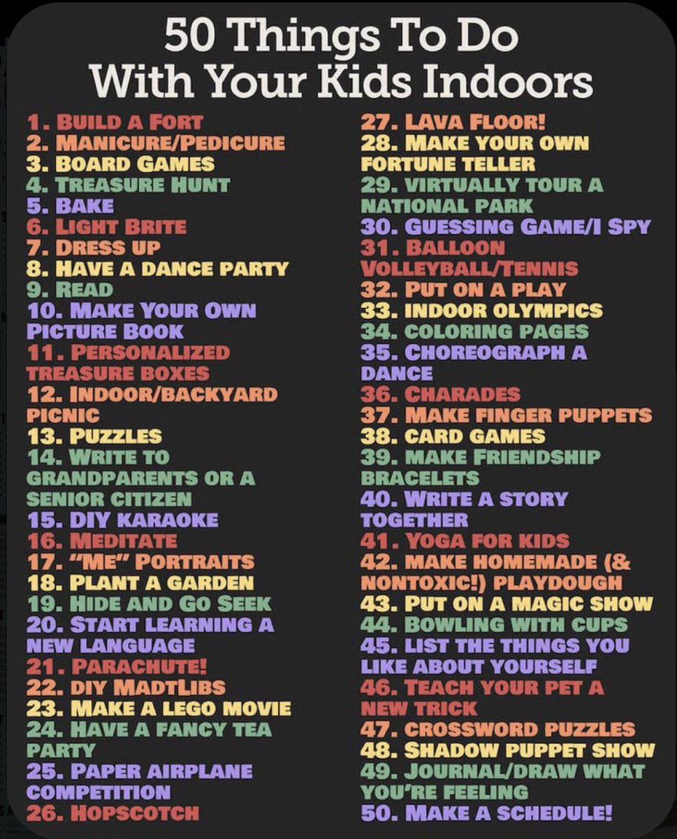 Cooler weather is almost upon us! Here are some ideas for indoor fun and engagement with your children 💜💛❤️🧡💚