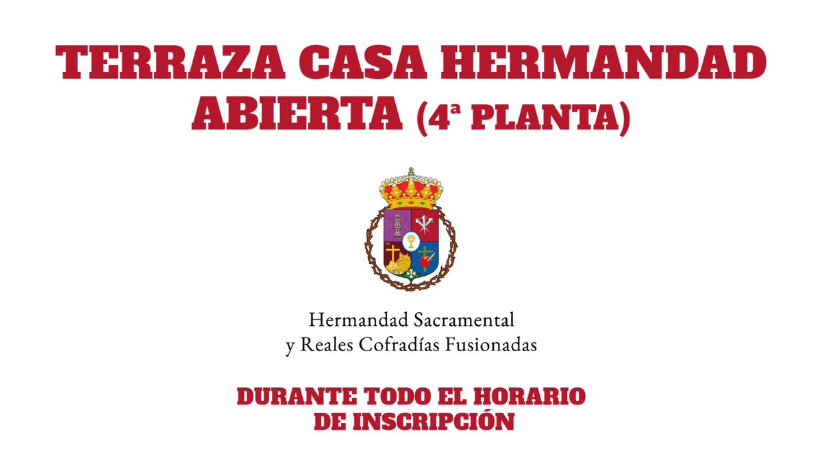 📌 Se informa que la terraza del Salón Social de nuestra Casa Hermandad situada en la 4 Planta estará abierta durante el horario de inscripción a las próximas salidas:

- De L a V: de 19:30 a 21:30 horas 

- S: de 10 a 13 horas

¡Os esperamos para pasar un buen rato en Hermandad!