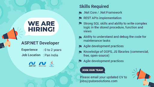 pulsesolutions's tweet photo. Grow Your Career with Us!
Pulse Solutions is seeking https://t.co/FI4msC6lob Developers in Surat/Mumbai/Nashik/Ranchi.
Be a part of our company and elevate your career graph with us.
#PulseSolutions #JobAlerts #CareerOpportunities #ASPDOTNETDeveloper https://t.co/p6J0B5uz9z