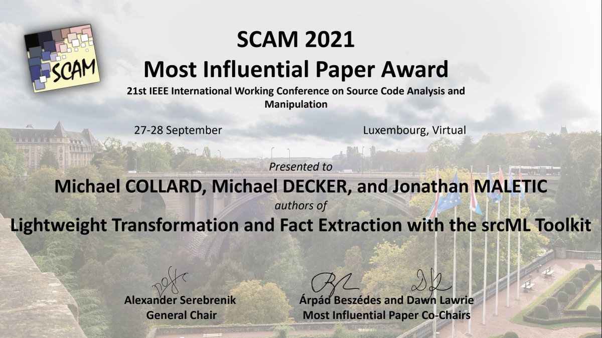 aserebrenik's tweet photo. Tool-builders of @ieeescam rejoice! The most influential paper of #scam11 presented at #scam21 is a *tool* paper that not only got more citations than any other paper of #scam11 but has also been recognised as a major achievement in source code analysis and manipulation. https://t.co/jYhASXVSyo