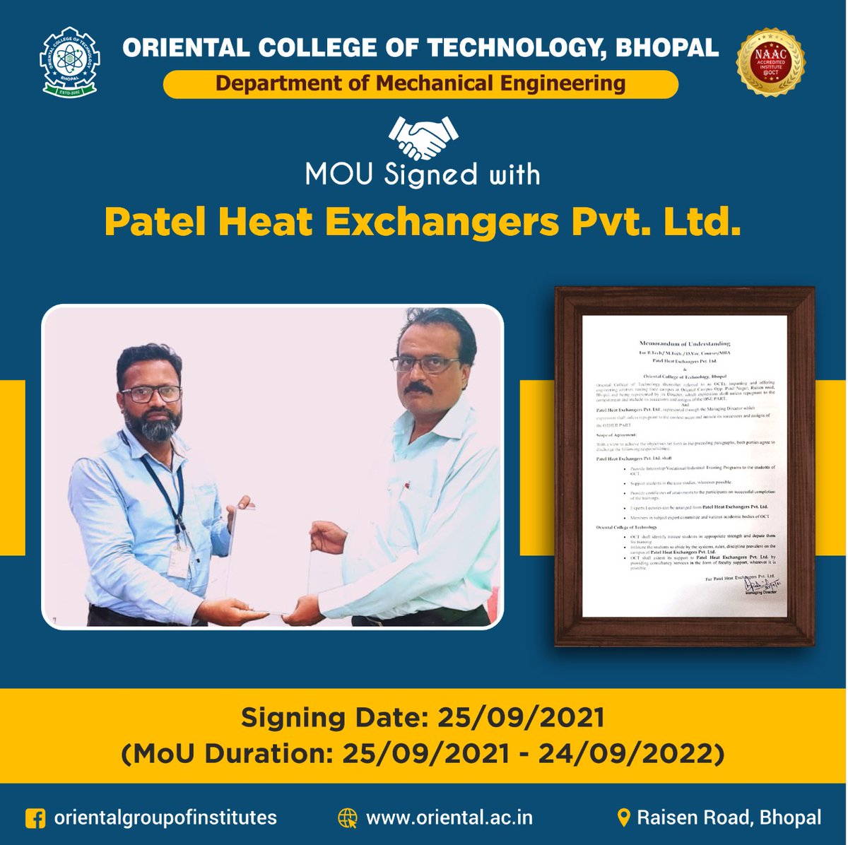 GroupofOriental's tweet photo. Department of Mechanical Engineering, #OCT has signed an MoU with Patel Heat Exchangers Pvt. Ltd., Bhopal. It will be fruitful for the students as they shall become ‚industry ready‘. https://t.co/HFl7eHZsWY