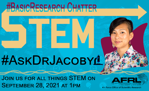 AFOSR's tweet photo. Welcome to the AFRL/AFOSR #BasicResearch Chatter #TwitterChat highlighting AFOSR #STEM opportunities. We’re excited to introduce AFOSR's new STEM Program Coordinator Dr. Kim Jacoby Morris! Ask questions during the hour using #AskDrJacoby.🔬 #AFOSRSTEM #AllThingsSTEM https://t.co/dA5h7TgG8E