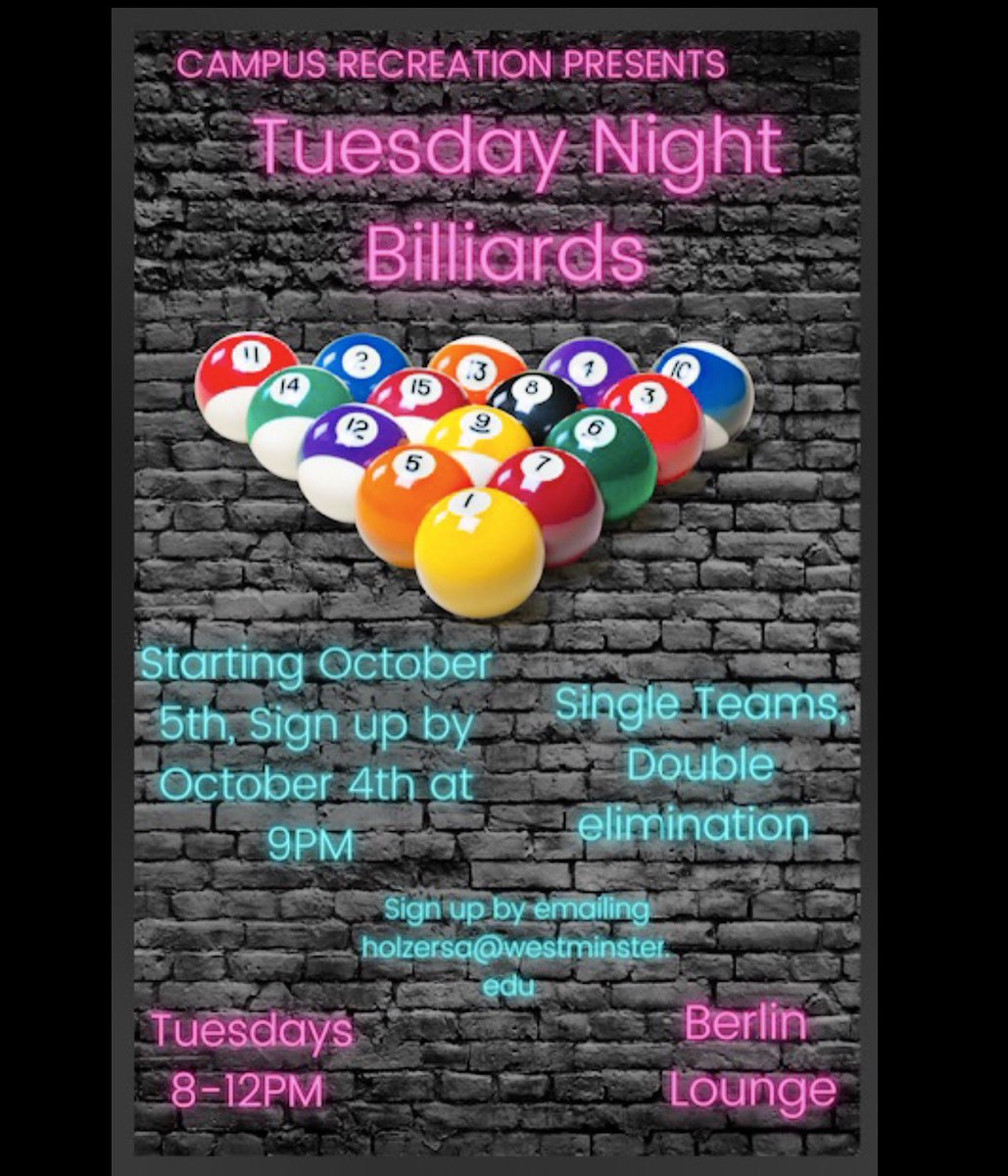 WCrecsports's tweet photo. Anyone need a new Tuesday night activity? Well we have just the thing, billiards. Sign up for Tuesday night billiards. https://t.co/ktWXfWGeZb