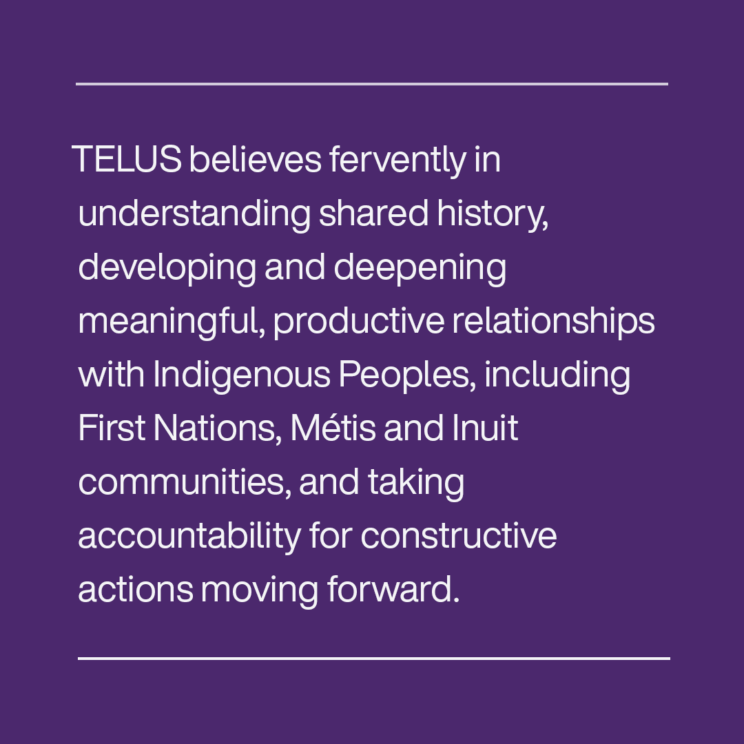 TELUS's tweet image. As corporate and social purpose leaders, it is our responsibility to use our voice to encourage Reconciliation across Canada. Read our full commitment to Reconciliation at telus.com/Reconciliation.