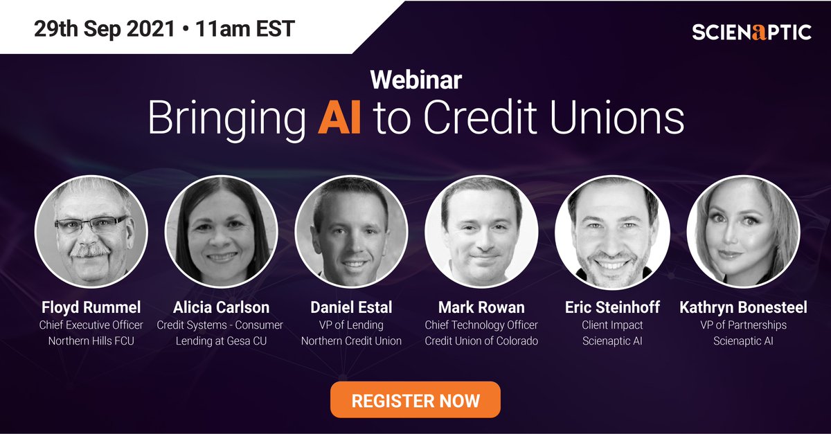 Scienaptic AI (@scienapticai) on Twitter photo We are excited to bring you a panel of seasoned CU leaders for our upcoming webinar on 29th Sept <a href="/11am/">11 am in morning</a> EST on the topic: Bringing AI to #creditunions .
Click here to register now!! lnkd.in/gfvHJEun We are excited to bring you a panel of seasoned CU leaders for our upcoming webinar on 29th Sept <a href="/11am/">11 am in morning</a> EST on the topic: Bringing AI to #creditunions .
Click here to register now!! lnkd.in/gfvHJEun