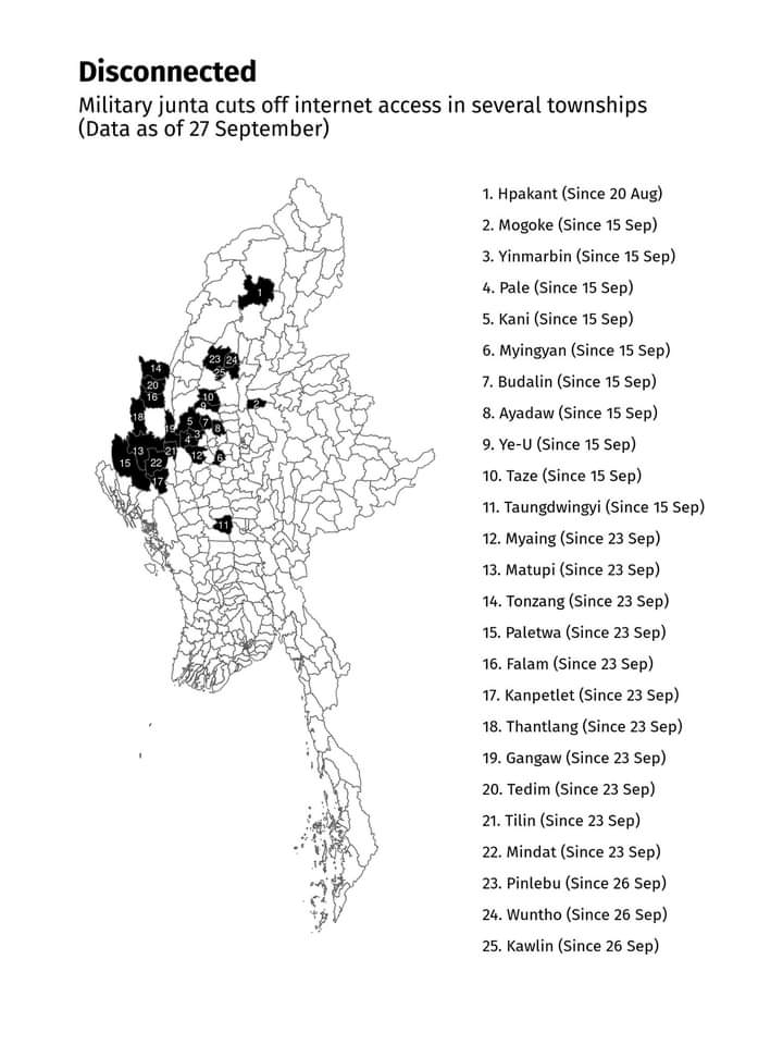 KhunnSint4's tweet photo. Military Junta cuts off internet access in several townships
(Data as Of 27 September )
#MyanmarEconomicCollapse
#Sep29Coup
#WhatsHappeningInMyanmar https://t.co/saEgkEk9uz