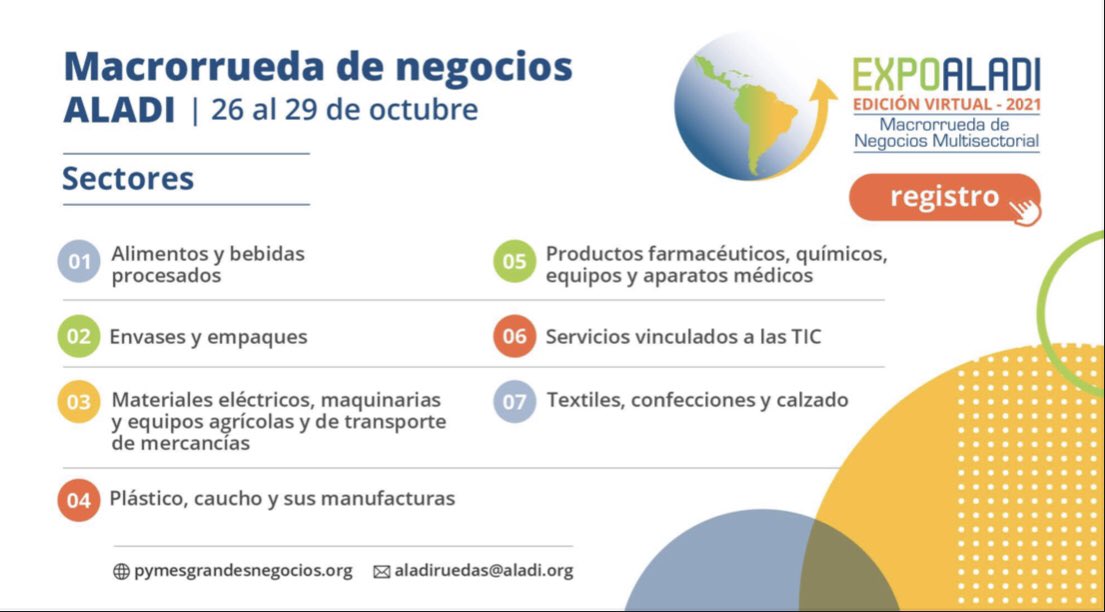 La <a href="/expoaladi/">EXPO ALADI</a> te invita a participar en la 4ª Macrorrueda de Negocios Multisectorial 2021, en su modalidad virtual.

🗓 26 - 29 de octubre 

¡No te quedes sin participar y regístrate! 👇🏼

pymesgrandesnegocios.org/centro-de-nego…