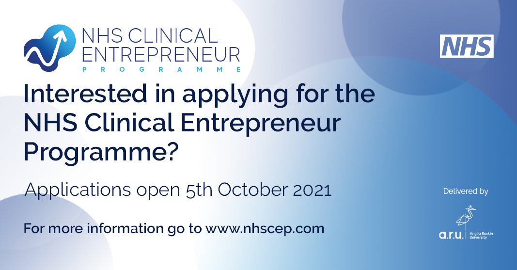 Doctorpreneurs (@doctorpreneurs) on Twitter photo Applications for cohort 6 of the NHS Clinical Entrepreneur Programme will open on the 5th October!
If you are a #healthcare professional with an innovative idea to improve patient care then this programme is for you!
Find out more via nhscep.com
<a href="/NHS_CEP/">NHS Clinical Entrepreneur Programme</a>
#nhs Applications for cohort 6 of the NHS Clinical Entrepreneur Programme will open on the 5th October!
If you are a #healthcare professional with an innovative idea to improve patient care then this programme is for you!
Find out more via nhscep.com
<a href="/NHS_CEP/">NHS Clinical Entrepreneur Programme</a>
#nhs