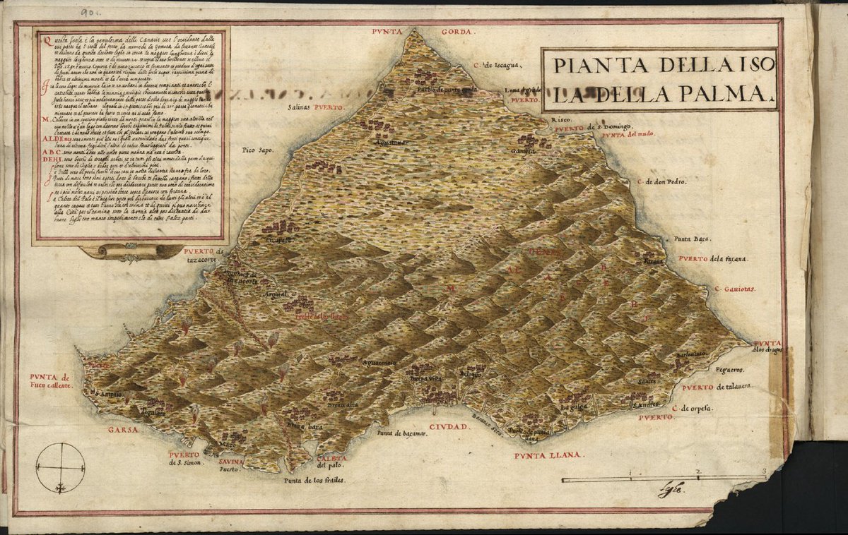 Sagarq_'s tweet photo. Entre 1584-92, el ingeniero militar Leonardo Torriani, cremonés, dibujaba a instancias de Felipe II un Atlas cartográfico de las Islas Canarias. Incluía, por supuesto, La Palma y sus volcanes (el plano está orientado con el este hacia abajo) #Historia #Canarias  #historiantwitter https://t.co/PKwpX6xgJE