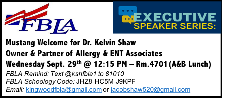 1st FLBA Meeting is tomorrow!!! Come hear Dr. Shaw speak.<a href="/HumbleISD_KHS/">Kingwood High School</a> <a href="/HumbleISD_CTE/">Humble ISD CTE</a>