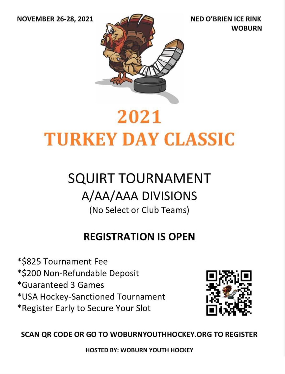 HockeyWoburn's tweet photo. Woburn Youth Hockey is excited to be hosting its 7th annual Turkey Day Classic. This is a tournament for squirt teams in divisions A/AA/AAA. Register soon as space is limited. https://t.co/YA8LAoZFN1
