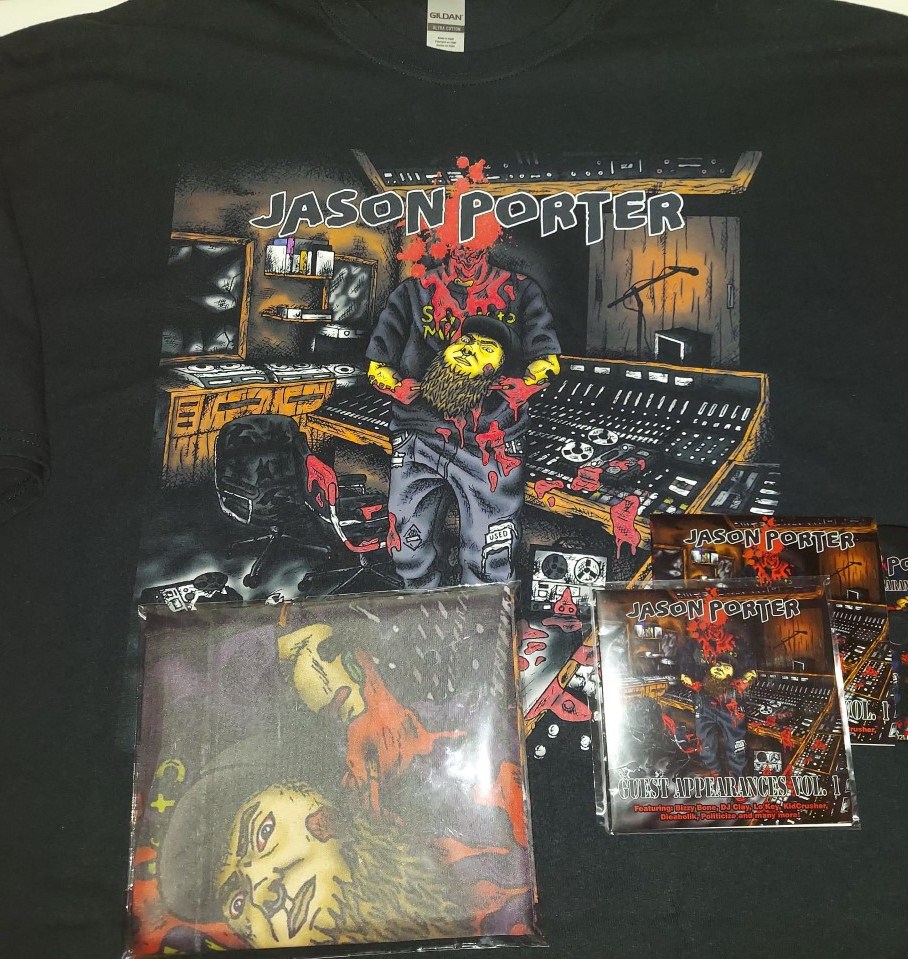 JasonPorter313's tweet photo. These shirts and banners came out dope!! My new release "Guest Appearances Vol. 1" drops Oct 8! Grab a Limited Edition CD &amp; Shirt at https://t.co/GOKO4Sz4Cr, orders are shipping now! (Banners in pic sold out). Thanks for supporting the underground! https://t.co/eBG7THitKG