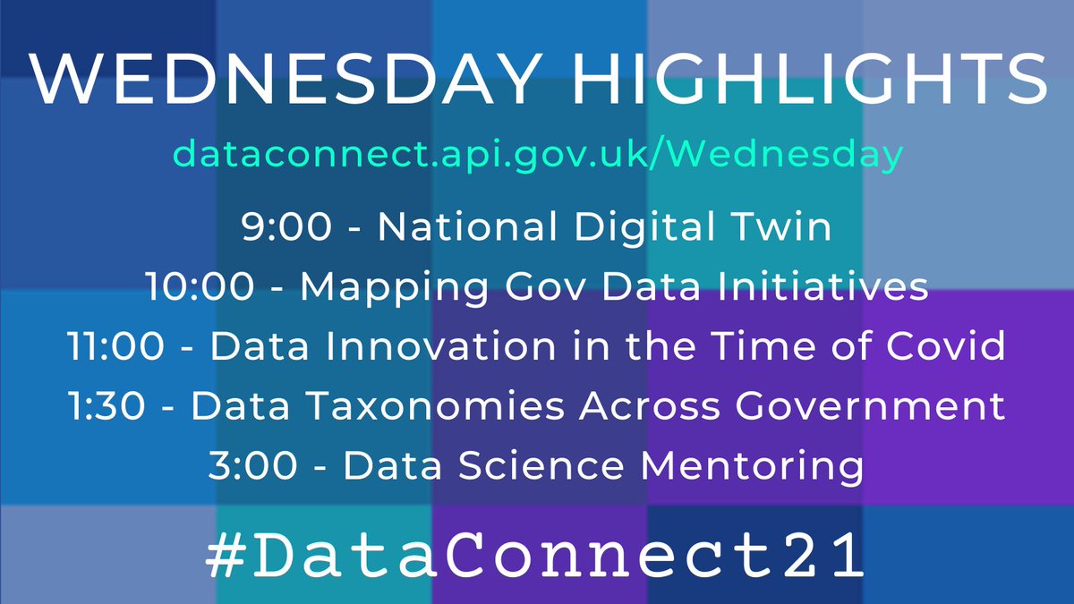 Thought Tuesday was busy? Well check out Wednesday! 19 sessions! Including:
9am - National Digital Twin
10am - Gov Data Initiatives
11am - Data in Covid Times
1:30pm - Taxonomies
3pm - Data Science Mentoring
#DataConnect21 dataconnect.api.gov.uk/Wednesday