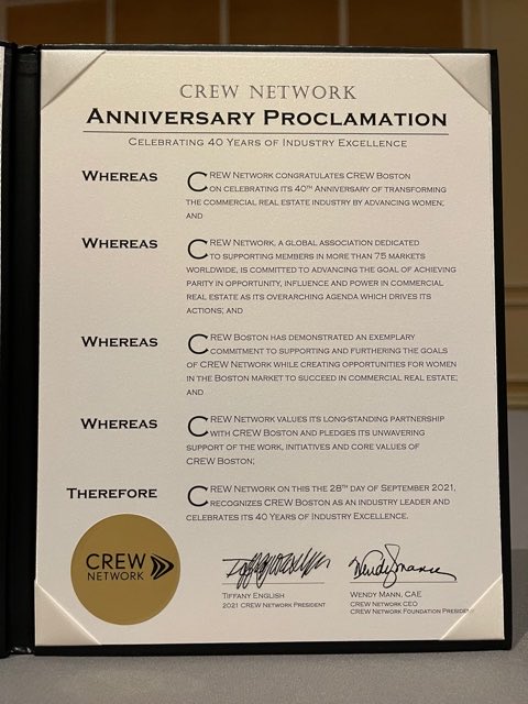 Thank you ⁦<a href="/CREW_Network/">CREW Network</a>⁩ for celebrating our 40th Anniversary at 2021 Convention as we continue to promote the advancement and parity of all women in commercial real estate.
