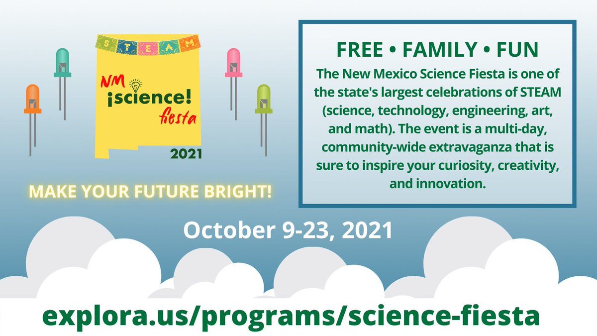 NMEPSCoR's tweet photo. Dates: October 9-23, 2021
Learn More: https://t.co/TdT4iV76kV
 @STEMNMEcosystem
#NMScienceFiesta #MakeYourFutureBright https://t.co/ynMt0IjUIc