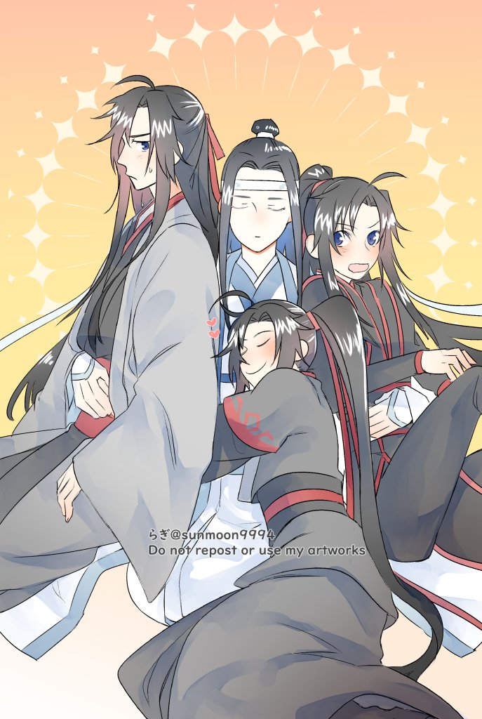 multiple boys long hair chinese clothes hug black hair headband robe  illustration images