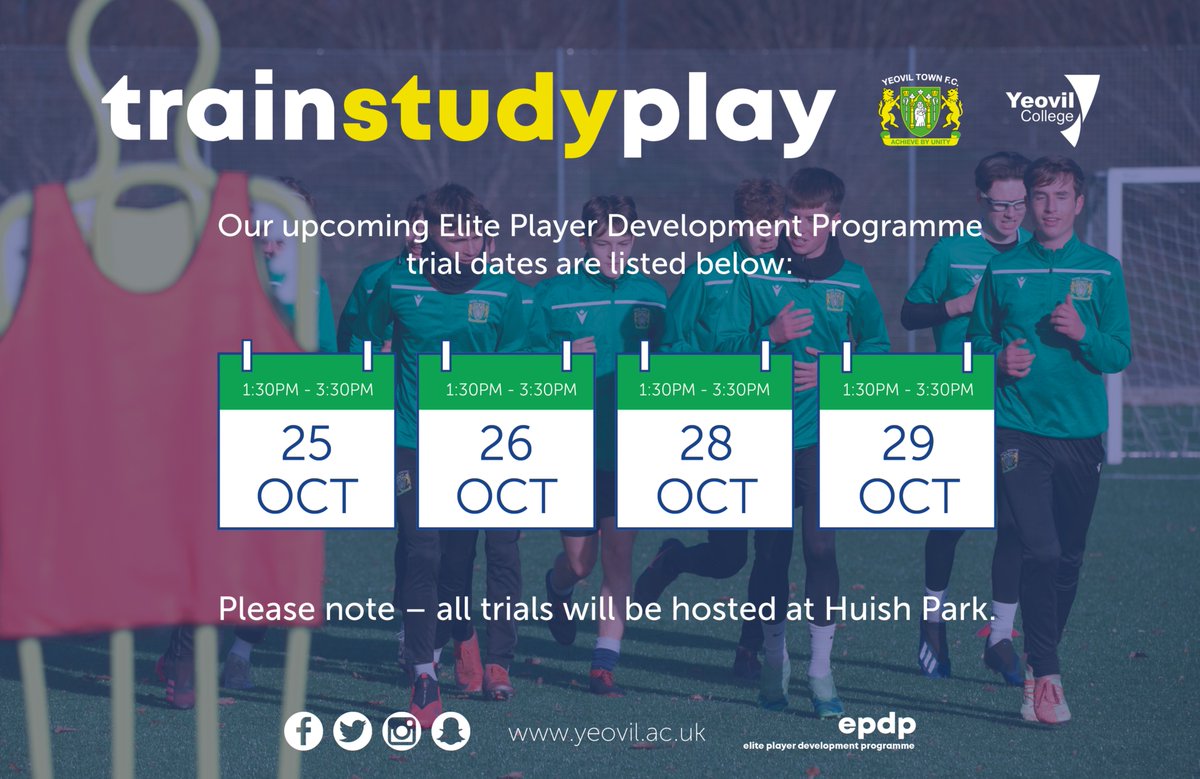 Our Elite Player Development Programme trials are taking place during October Half Term!⚽️

This programme is an exciting opportunity for students to combine their passion for football with a full-time qualification, in partnership with <a href="/YTFC/">Yeovil Town FC</a>.💚

yeovil.ac.uk/news/more-tria…
