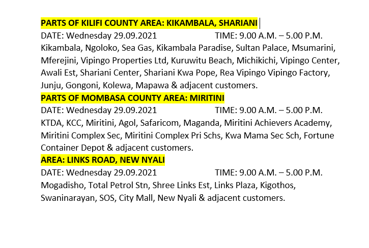 KenyaPower_Care's tweet photo. Good evening, the following areas are scheduled for maintenance tomorrow Wednesday 29th September 2021.^MM https://t.co/eIrfxYyRVc