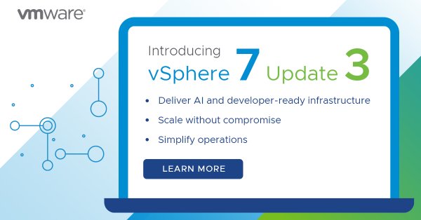 VMware's tweet photo. We're excited to announce @VMwarevSphere 7 Update 3! 

Our new platform empowers admins by delivering #AI and developer-ready infrastructure, scaling without compromise and simplifying operations. 

Learn more: https://t.co/oonhuxkmmC https://t.co/F45uYAQu6v