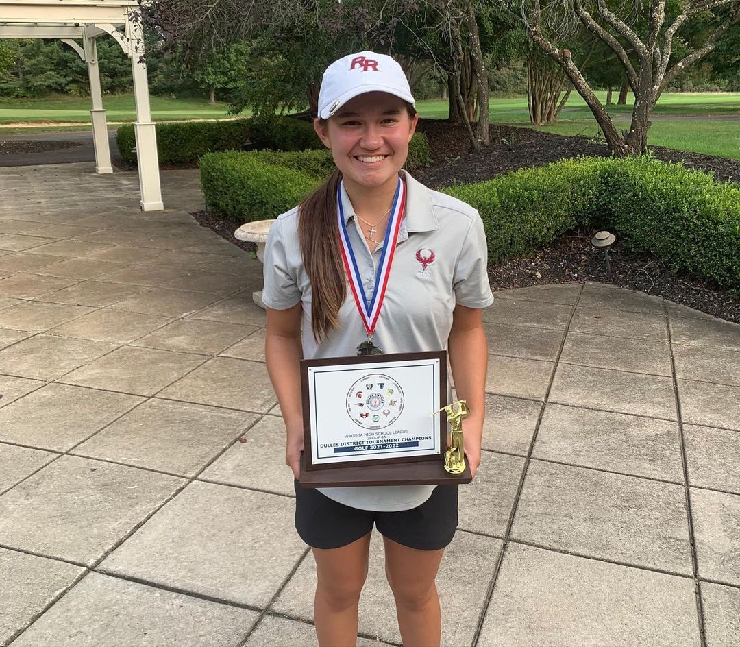 Congratulations to our golf team who shot a 294 to win the Dulles district title! Also congratulations to senior Sydney Hackett who shot a 69 to win the individual title and freshman Aiden Patel was fourth with a 70. We are so proud! 🔥⛳️🔥<a href="/AthleticsRR/">Rock Ridge Athletics</a>