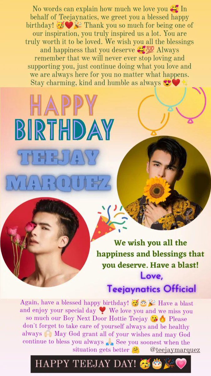 teejaynatics_fc's tweet photo. Have a blessed happy birthday! π₯³ππ Have a blast and enjoy your special day β£οΈ We love you and we miss you so much our Boy Next Door Hottie Teejay ππ₯ Stay safe
HAPPY TEEJAY DAY! π₯³πππ
@teejaymarquez
#HappyBirthdayTeejayMarquez
#HappyTEEJAYDay
#TeejayMarquez
#TEEJAYnatics https://t.co/UeudWLgs6h
