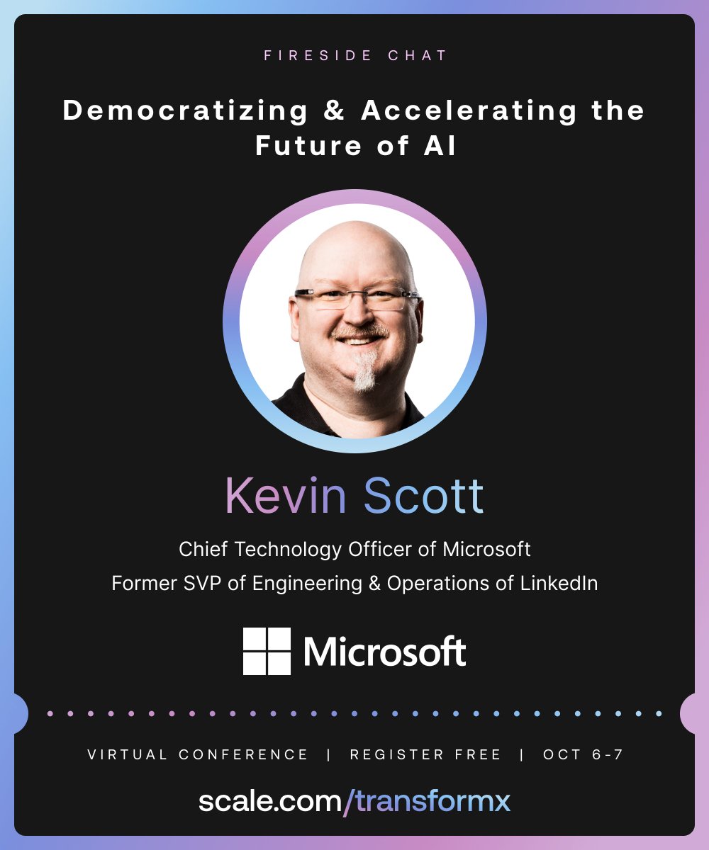 alexandr_wang's tweet photo. #TransformX21 is only 9 days away!
Iโm thrilled to be chatting with @kevin_scott, @Microsoft CTO, as we explore a vision of an AI-enabled society where #AI is accessible to allโand walk through what that means for the way we live and work.
๐Tickets: https://t.co/pUyvPiY8op https://t.co/pa3JdsgoOv