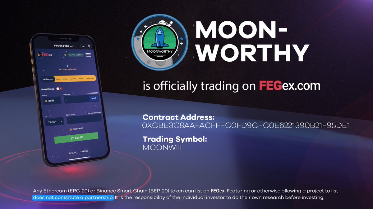 FegMillionaire's tweet photo. Ste_Cha_FEG: RT @FEGtoken: 🎉 NEW #FEGex listing! The #FEGarmy would like to extend a warm welcome to:
@MoonWorthyToken | #MoonWorthy
🚨NOW ON https://t.co/5nYdEBjMh6!
Thanks for accepting our invite to #ListOnFEGex! 😊
#SmartDeFi #BringingDeFiTogeth… https://t.co/JoPd2ufFET