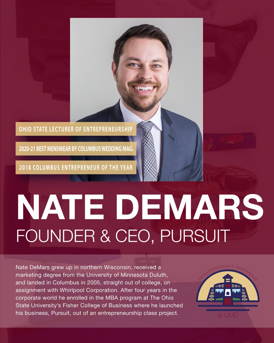 SPEAKER ANNOUNCEMENT: We are excited to announce Nate DeMars as a keynote speaker for the 2021 Conference! 

Nate is the CEO of Pursuit, a modern suit store with old-fashioned customer service that launched in 2011 in Columbus. #umdconference #entrepreneurship #NateDeMars