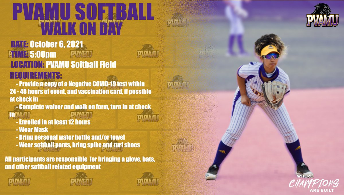 PVAMUPanthers's tweet photo. Do you know or want to be part of one of PV’s championship teams? Well you’ll have an opportunity to tryout for the PVAMU softball team. Check out the details on the flyer and come out and be a part of this special team!
#wherechampionsarebuilt🏆 #pvamusball https://t.co/E8bJeNcOJj