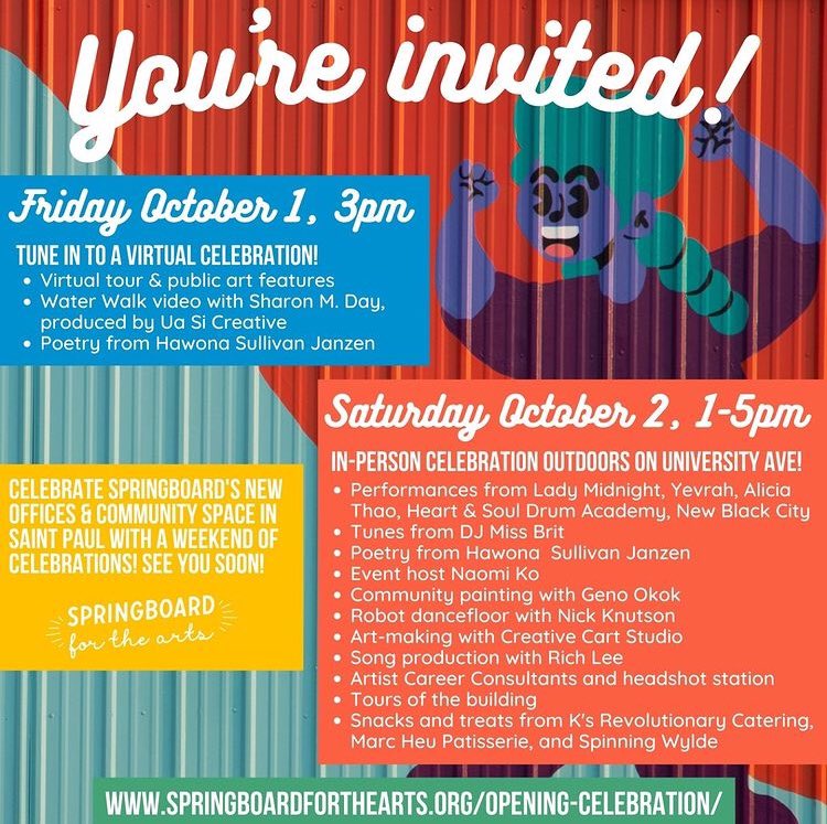 Performing for <a href="/SpringboardArts/">Springboard for the Arts</a>’s Grand Opening celebration this Saturday 1-5pm! Find me around 4:20pm on the block with <a href="/willieshu/">S H U</a>! 

155 Western Ave N, Saint Paul

Come say hi! 💕✨🎉