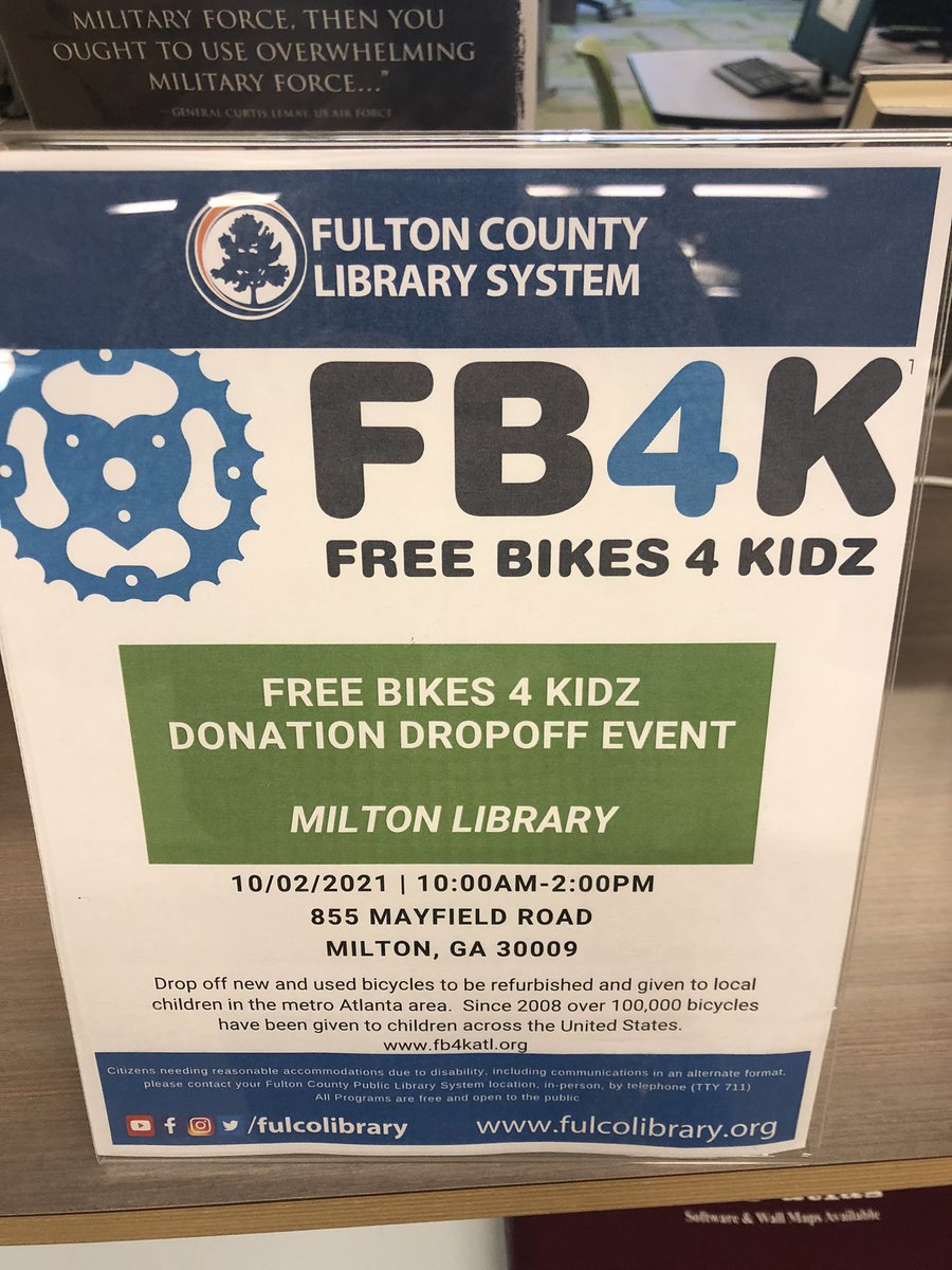 Bookman30022's tweet image. Just a reminder the #MiltonLibrary will be collecting bicycles for @FB4KAtlanta on Saturday, Oct 2 from 10am-2pm.  Donations can be dropped off at the main entrance patio.  @cityofmiltonga