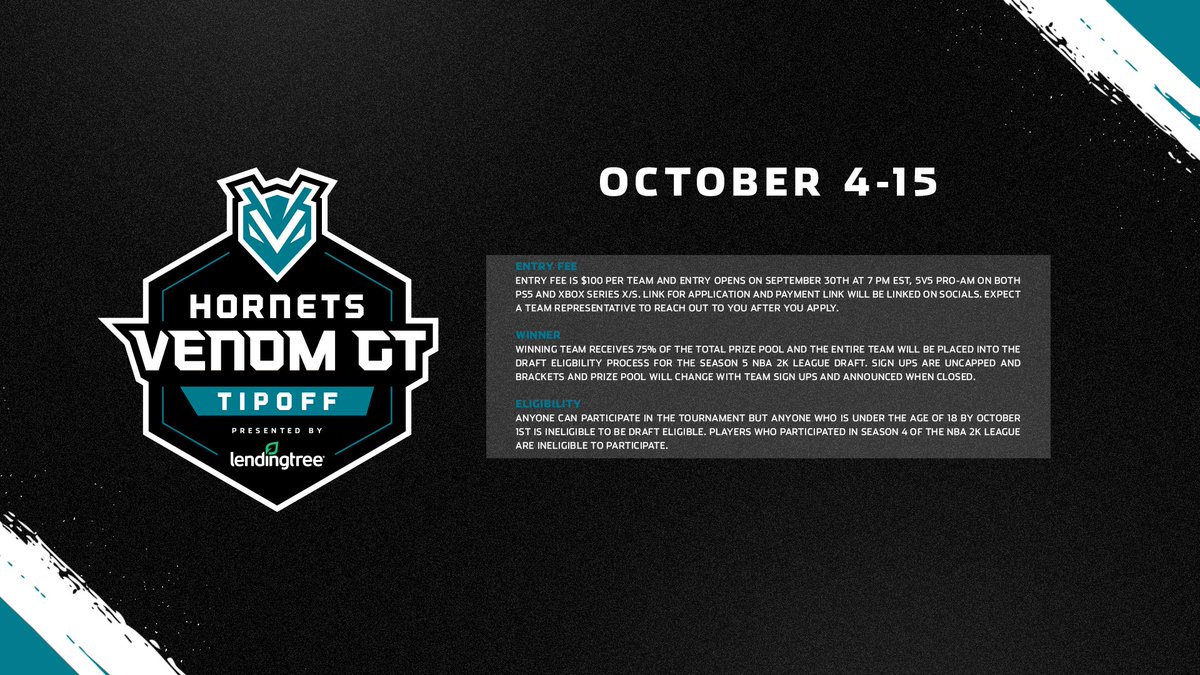 HornetsVenomGT's tweet photo. It's that time of year again! 🗓️ 

Signups for our draft eligible team tournaments begin Thursday, Sept. 30 at 7 PM ET 👀

@NBA2KLeague | @LendingTree https://t.co/NMzLrjwvob
