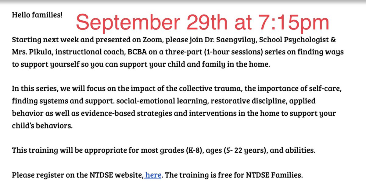 AchievabilityC's tweet photo. Join me with @Sanita_EdD ! Learn about the impact of #trauma, how to recognize it, and how to find ways to support yourself. We will integrate #evidencebasedstrategies for #selfcare, #socialemotionallearning, and #appliedbehavioranalysis Sign up on the @NTDSE website https://t.co/qOx6YXCqbj