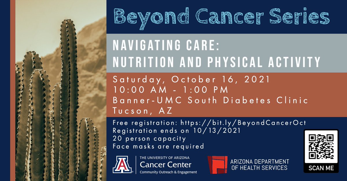 Join us for our Beyond Cancer event, which will be held in-person and virtually. We will be covering Nutrition and Physical Activity in Cancer Survivorship. Register at: bit.ly/BeyondCancerOct #CancerFreeAZ