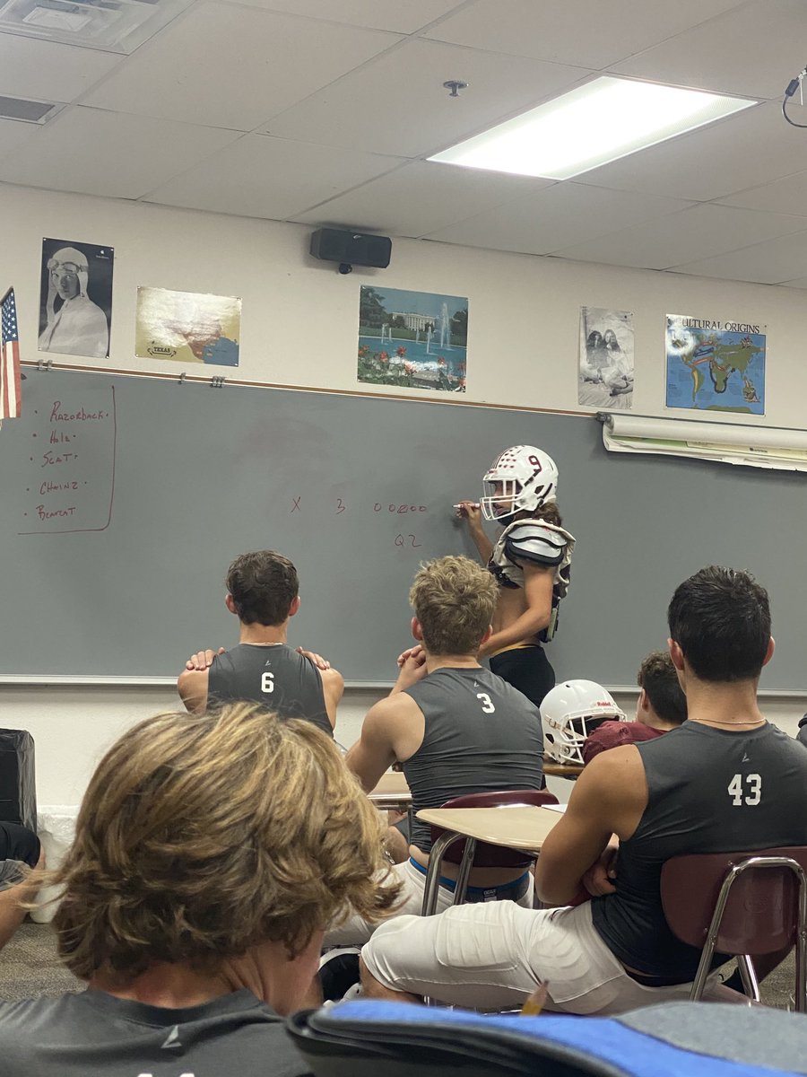 CoryMandrell's tweet photo. When the weather makes you go inside…full pads chalk talk is how we roll! #BeGreat https://t.co/Xrd7DdTeV5