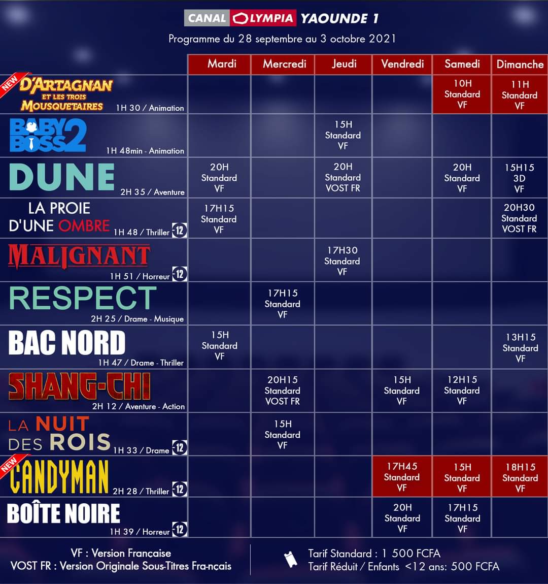 BenBAYOKE's tweet photo. PROGRAMME DE LA SEMAINE #CANALOLYMPIA YAOUNDÉ NGOA EKELLE
#MOVIEADDICTED
#DOPE
#YAOUNDECESTLAMAGIE
#YCLM
#YDEOUT https://t.co/ODXrYKlLIV