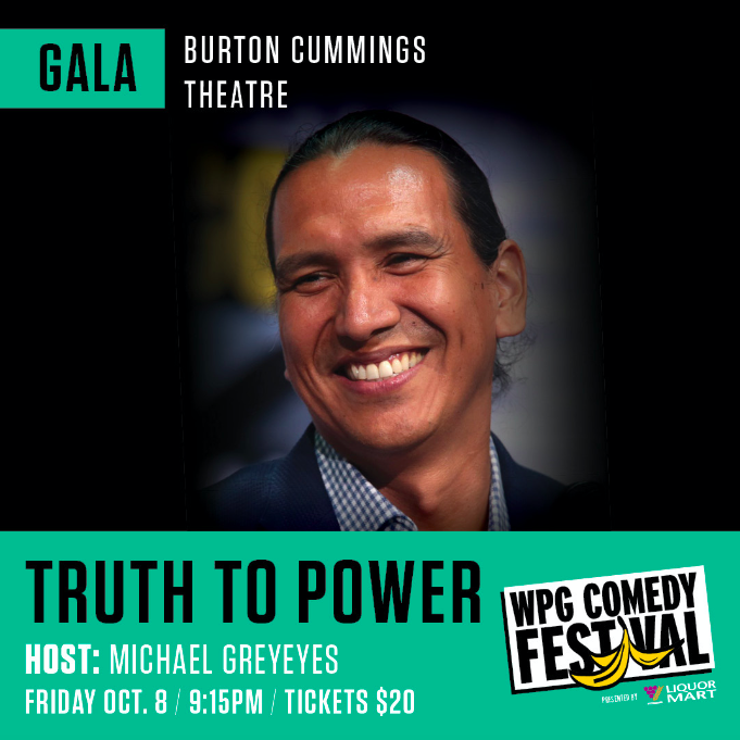 WpgComFest's tweet photo. ✨ IN TODAY’S NEWS ✨ THIS JUST IN ✨ Creative icon @MichaelGreyeyes joins us in #Winnipeg as host of the Winnipeg Comedy Festival’s TRUTH TO POWER Gala @theburtwpg on October 8. #wpgcomfest20years is getting more lit by the minute! Get your tickets 👉 🎟 https://t.co/ZLaYK38EY6 https://t.co/cUcqIU1rPD