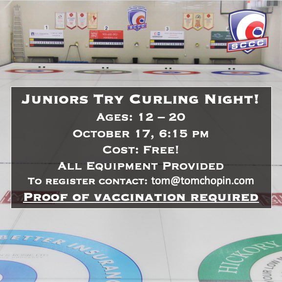 Attention Curlers: The SCCC is hosting a juniors try curling night!
Ages: 12 – 20 
October 17, 6:15 pm 
Equipment &amp; instruction provided.
Proof of vaccination &amp; pre-registration required. To reserve a spot email: tom@tomchopin.com
For more info: stcatharinescurlingcentre.ca
#curling