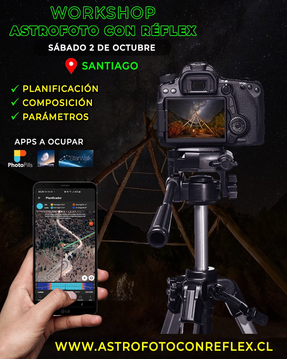 𝗪𝗼𝗿𝗸𝗦𝗵𝗼𝗽 𝗔𝘀𝘁𝗿𝗼𝗙𝗼𝘁𝗼 𝗰𝗼𝗻 𝗥𝗲𝗳𝗹𝗲𝘅
Taller de Astrofotografía en Santiago!
2 de Octubre 🗓️ 
Si quieres vivir una experiencia única bajo las estrellas, aprender astrofotografía de campo amplio y...
⚠️ POCOS CUPOS ⚠️
➕ℹ astrofotoconreflex.cl
#AFCH #WorkShop