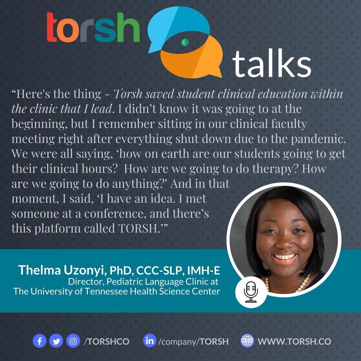 TORSHCO's tweet photo. Welcome to another #TORSHTalkTuesday! Today, we're chatting with Dr. Thelma Uzonyi, Assistant Professor and Director of the #Pediatric Language Clinic at @uthsc.

Visit us today to see how TORSH can support your organization 👉 https://t.co/DcHnsSY5pn #EdTech https://t.co/0UyPq8E4X3