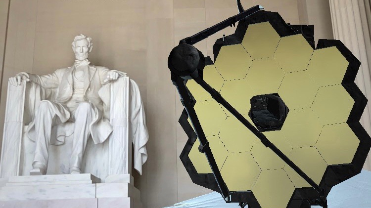 Virtual model of the James Webb Space Telescope "posing" in front of the Lincoln Memorial in Washington, D.C.