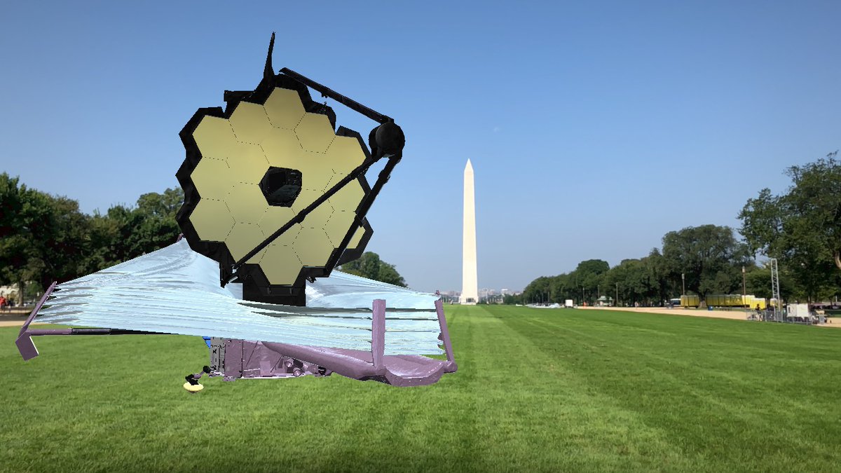 Virtual model of the James Webb Space Telescope floating above the lawn around the Washington Memorial in Washington, D.C.