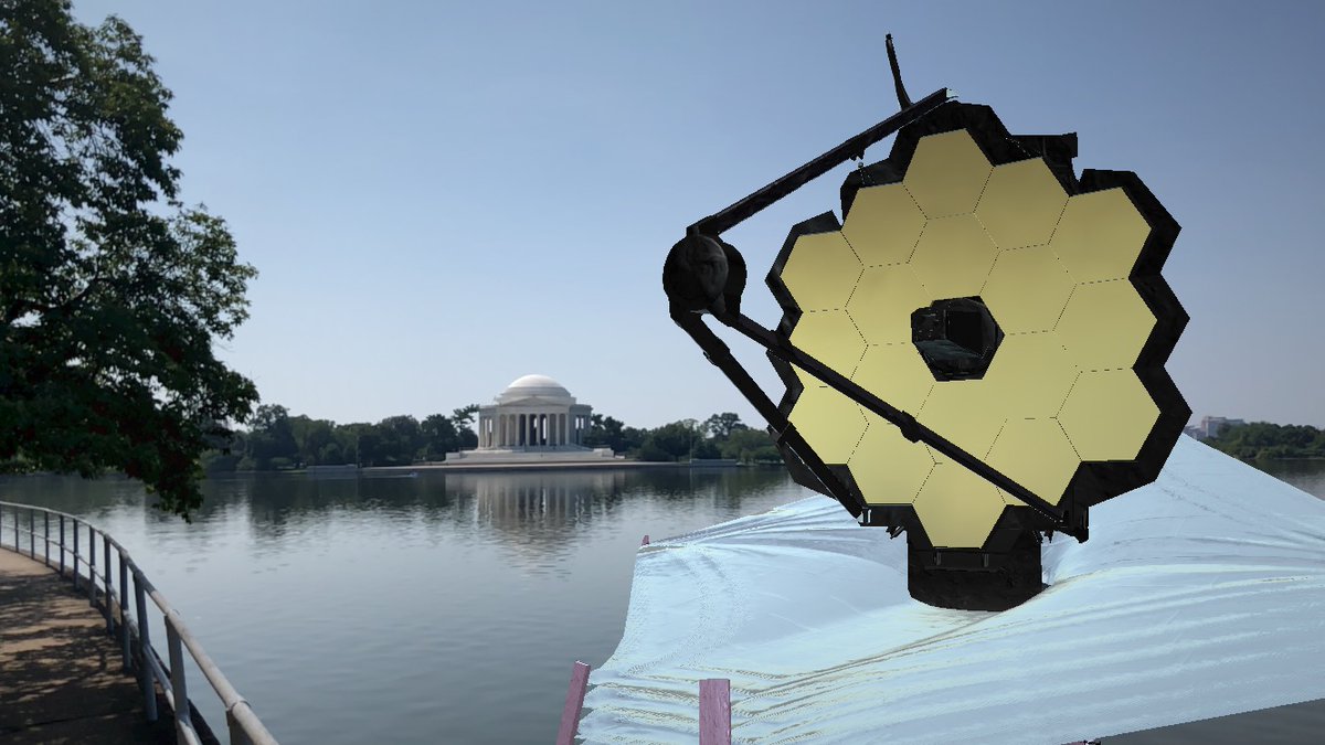 Close-up view of a virtual model of the James Webb Space Telescope outside the Jefferson Memorial in Washington, D.C.
