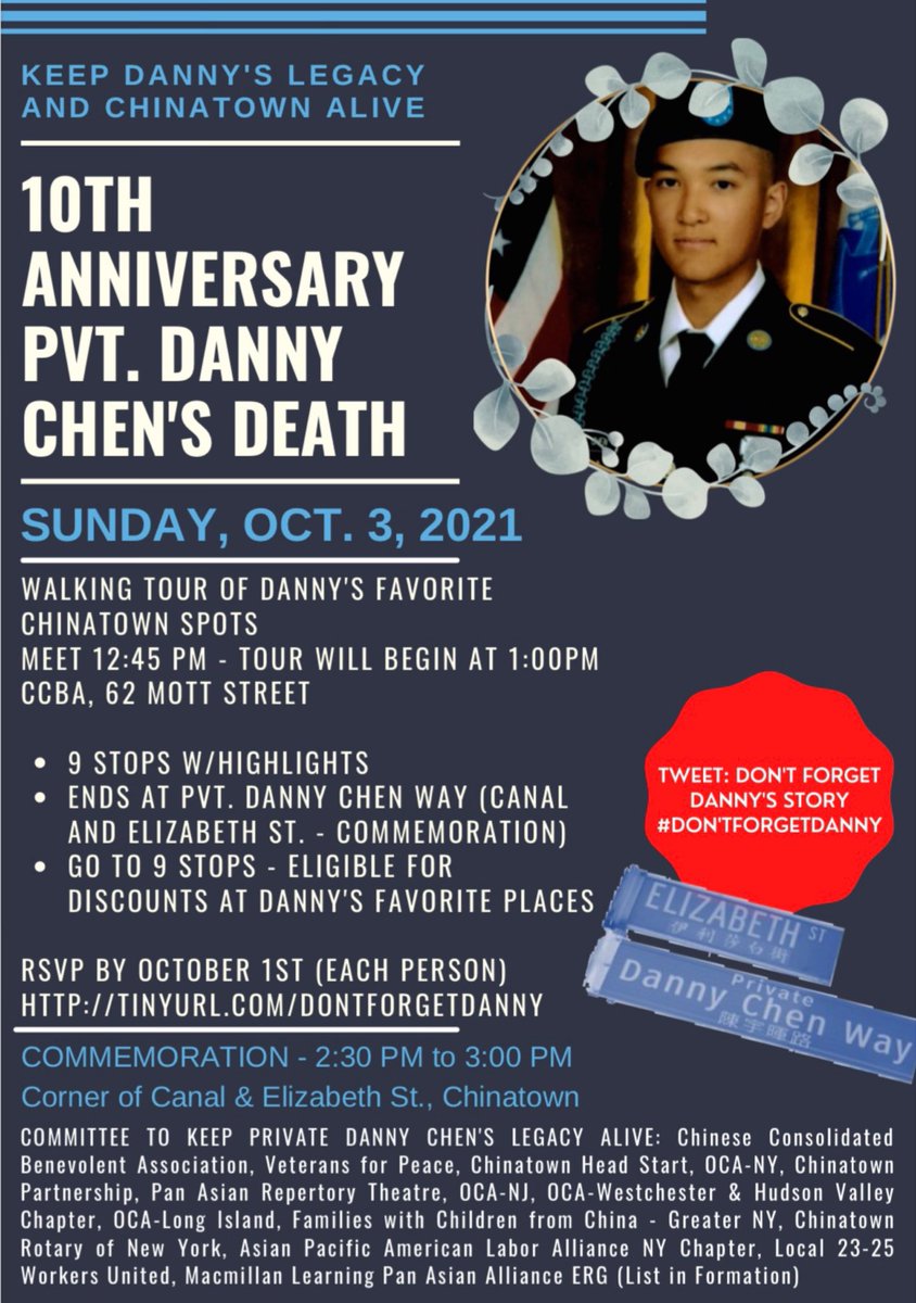 ChenDanceCenter's tweet photo. We are honored to participate on Sun 10/3@ 1pm for Pvt. Danny Chen commemoration. Visit his fav places including Columbus Park where we will perform.
#dontforgetdanny #chinatownnyc  #htchenanddancers #chendancecenter #outdoorevent #nycdance https://t.co/viw5eo2W3n