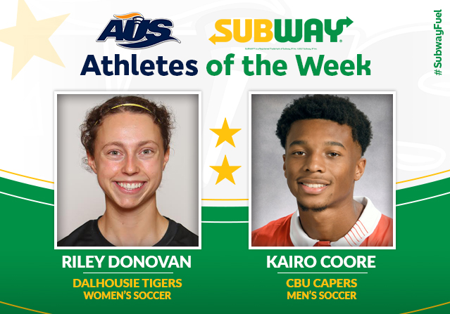 AUS_SUA's tweet photo. Congrats to Dalhousie's Riley Donovan and Cape Breton's Kairo Coore, this week's Subway AUS Athletes of the Week👏⚽️ 
 
https://t.co/SXApDuQGlU https://t.co/belOYUurhw