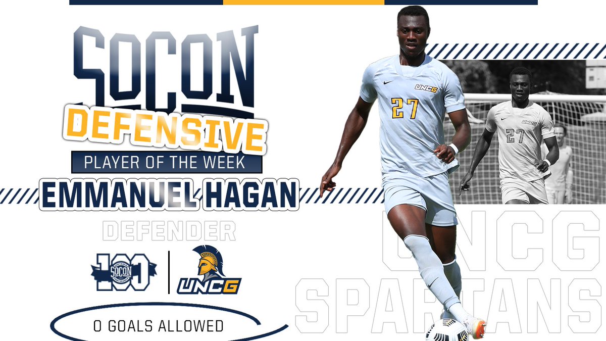 SoConSports's tweet photo. 𝙀𝙢𝙢𝙖𝙣𝙪𝙚𝙡 𝙃𝙖𝙜𝙖𝙣 is the #SoConMSOC 𝙙𝙚𝙛𝙚𝙣𝙨𝙞𝙫𝙚 player of the week!💪

He helped lead the Spartans to their 3-1 victory over No. 2 Clemson and to their 5️⃣th shutout of the season vs. VMI🤩

📰https://t.co/9oP5qe4NbK 

#SoConMSOC⚽️ x @UNCGMensSoccer https://t.co/EEtf2I0J18