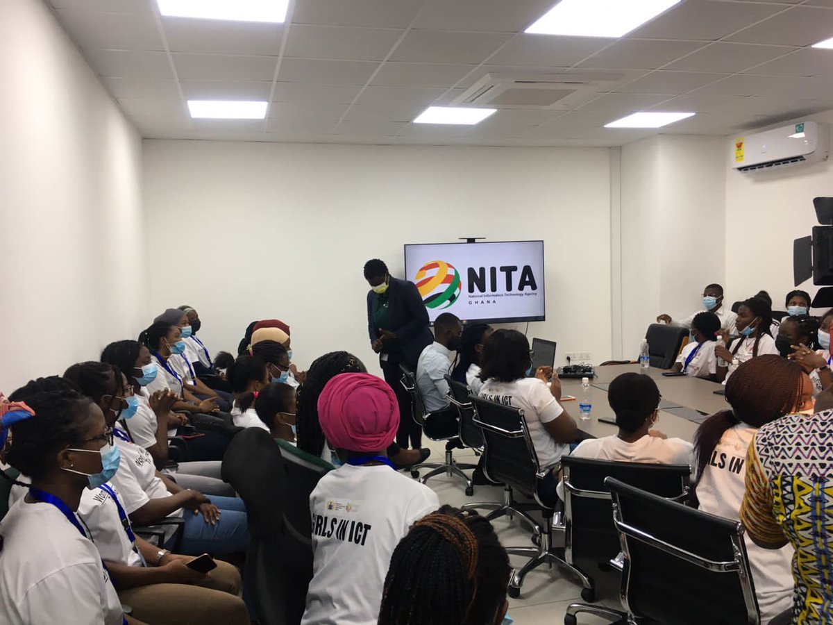 NITAGhana's tweet photo. Earlier today as part of @mocghana Girls in ICT intitaive. Some Students visited NITA for a tour of the facility and a meeting with the Director General @OkyereFosu.
@NCSC_Ghana
@NCAGhana
#NITA
#NationalictRegulator
#ExcellenceInRegulation
#DigitalisationAgenda
#GirlsInICT https://t.co/ddkzzk6H1O
